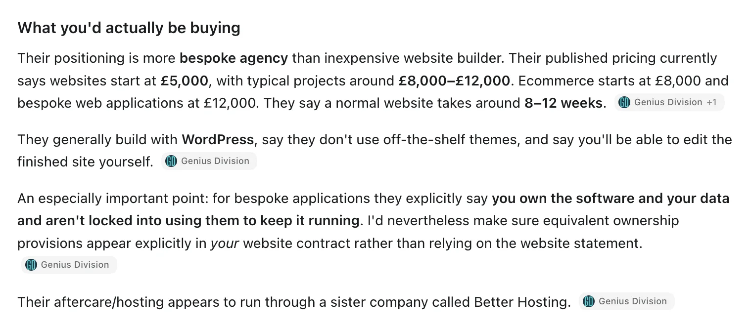 ChatGPT’s answer about Genius Division: our published prices, typical project costs and timescales, that we build with WordPress, that clients own their software and data, and that aftercare runs through Better Hosting. Every point is cited to the Genius Division website.