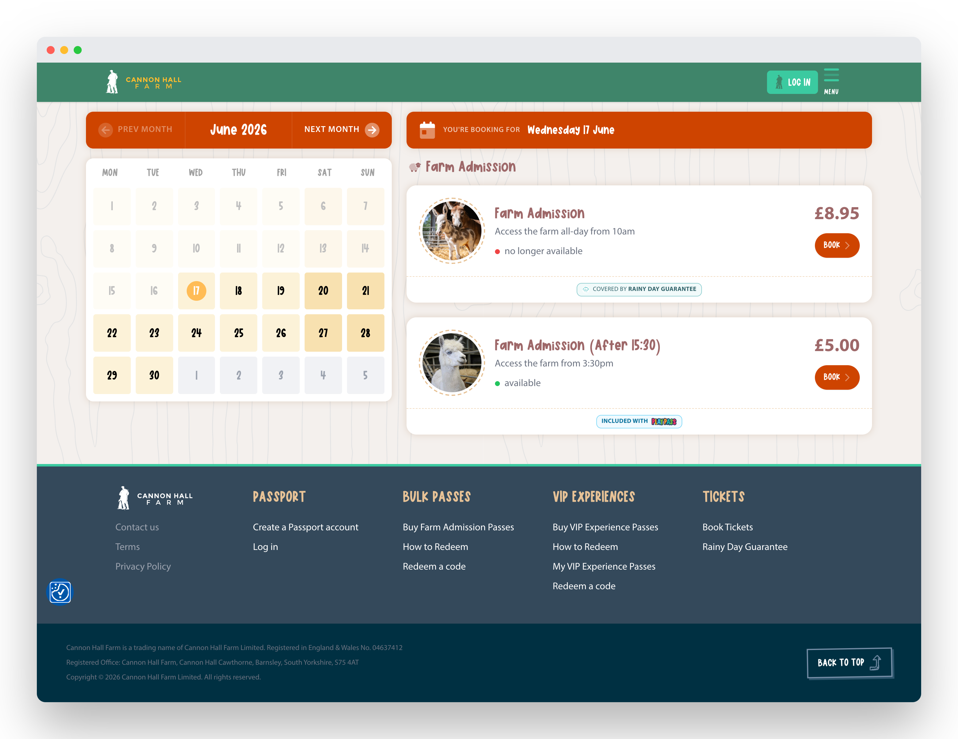 The live booking page — date picker, bundled and after-3:30 tickets, a &ldquo;Covered by Rainy Day Guarantee&rdquo; badge and a &ldquo;Sign in with Passport&rdquo; account, all in one custom-built flow.