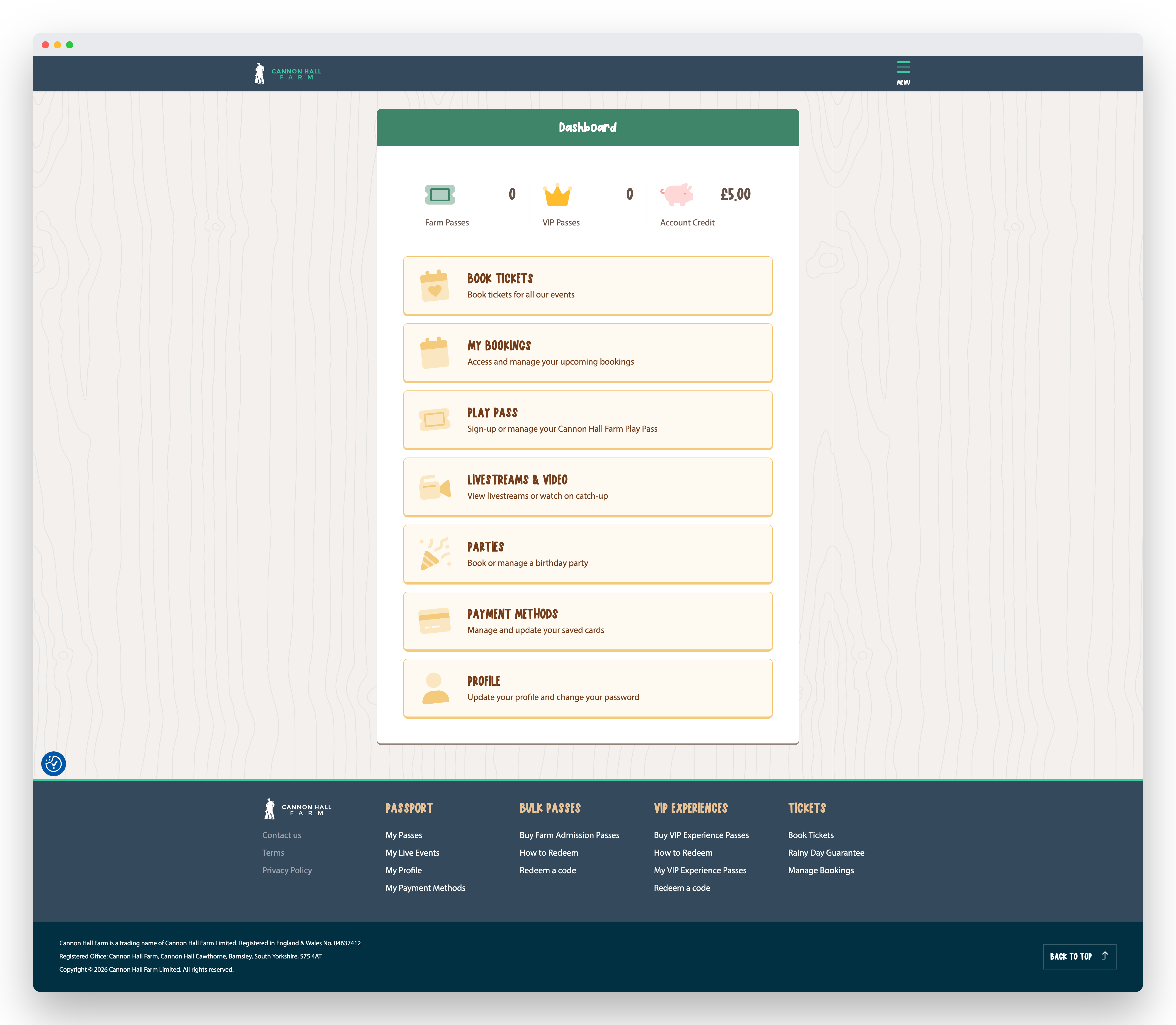 A visitor&rsquo;s Passport dashboard — farm passes, VIP passes and account credit at a glance, with everything in one place: book tickets, manage bookings, the Play Pass, livestreams and catch-up video, parties, payment methods and profile.